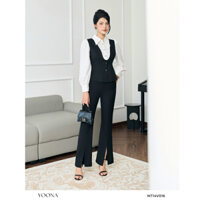 Set bộ thiết kế áo peplum phối cổ sơ mi tay bồng kết hợp quần ống loe có xẻ gấu chất ruby Hàn cao cấp YOONA - NT14V016