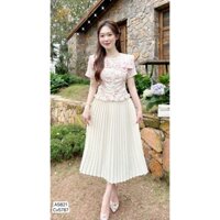 Set Bộ Thiết Kế DVC Nữ -  Set Áo Hoa Hồng Cầu Vai, Chân Váy Xoè Xếp Li Trắng S5821 - DVC DOLCE VIVA COLLECTION