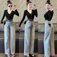 Set bộ thiết kế năng động, cá tính cho nàng đi chơi, dạo phố cực xinh, áo cổ tim tay dài phối quần jean ống rộng kèm nịt
