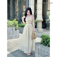 Set bộ thiết kế thời trang nữ  đi biển chất voan tơ áo 2 dây không tay dây rút ngực kiểu croptop dáng váy xoè dài maxi