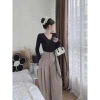 Set bộ thiết kế thời trang nữ công sở áo chất thun cổ tim tay dài quần tuyết mưa ống rộng xếp ly siêu xinh