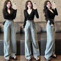 Set bộ thiết kế thời trang nữ đi chơi áo chất thun cổ tim tay dài quần Jean QC kem nịt ống rộng siêu xinh