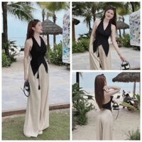 Sét bộ thiết kế thời trang chất Đũi cao cấp áo hở lưng cổ tim đính nút tà áo vạt nhọn phối quần dài ống rộng