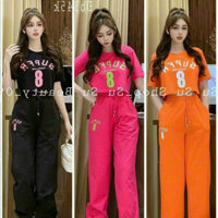 Sét bộ thời trang mặc đi chơi chất cotton áo cổ tròn tay ngắn in chữ số 8 quần dây chun dài ống bo