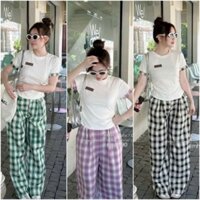 Set bộ thời trang nữ áo thun gân ngắn tay cổ tròn, quần sọc caro mẫu mới 3 màu y hình,