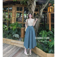 Set bộ thời trang nữ áo thun gân cổ chữ V cài cúc mix chân váy jean Qc dáng dài, xòe dịu dàng hợp công sở đến đi chơi🌹�