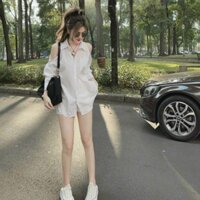 Sét bộ thời trang nữ chất áo lụa cổ sơmi tay dài khoét vai đính nút quần đùi cotton lạnh lưng thun ống đứng mini