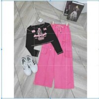 Set bộ thời trang nữ chất áo thun gân in cổ tròn tay dài thắt nơ ngực quần dài tuyết mưa lưng thun dây rút ống rộng maxi