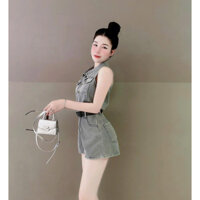 Set bộ thời trang nữ chất jean cổ sơ mi không tay đính nút áo kèm 2 túi bên áo quần đùi kèm nịt dáng ngắn siêu xinh