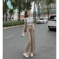 Set bộ thời trang nữ chất liệu áo thun tăm gân cổ tròn tay ngắn quần dài cotton lạnh lưng thun dây rút ống đứng maxi