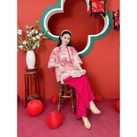 Set bộ thời trang nữ chất voan tơ áo tay lỡ cổ tròn đính nơ họa tiết thêu phối quần tuyết nhung thiết kế 1 màu