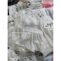 Sét bộ thời trang nữ đi biển chát len ren cổ tròn tay dài kèm bra có mút quần lưng thun ống rộng dài mini tôn dáng