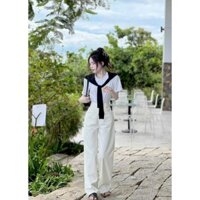 Sét bộ thời trang nữ đi chơi chát áo thun tăm cổ tròn tay ngắn kèm choàng dáng quần kaki lưng nút ống đứng dài maxi
