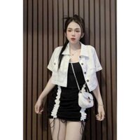 *Set bộ thời trang nữ đi chơi chất kaki cổ 2 dây kèm áo ngắn tay lỡ dáng ngắn mini siêu xinh