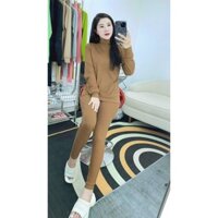 Set bộ thời trang nữ đi chơi chất thun gân cổ lọ tay dài quần lưng thun dáng dài maxi sang chảnh