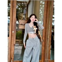 Set bộ thời trang nữ hot cá tính áo thun cổ V tay dài xám đai Kèm gấu Phối quần sọc form rộng chất đẹp