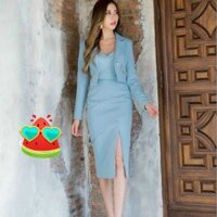 Sét bộ thời trang nữ mặc đi dự tiệc chất liệu cotton lạnh áo cổ vest tay dài yếm trong cổ V váy ôm xẻ tà hở gối