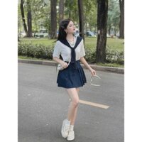 Set bộ thời trang nữ mặc đi chơi chất áo tăm lạnh cổ tròn tay ngắn chân váy jean xếp ly có quần trong dáng mini