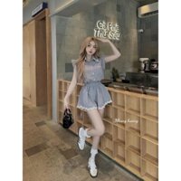 *Set bộ thời trang nữ mặc đi chơi chất lụa manggo cổ sơ mi đính nút tay cánh tiên quần short phối ren dáng mini trẻ đẹp