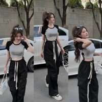 Sét bộ thời trang nữ mặc đi chơi áo chất thun gân crotop mix quần túi hộp For cột dây quần  MTB