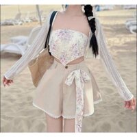 Set bộ thời trang nữ mặc đi biển chất áo xô cúp ngực buộc lưng áo khoác ren dài tay quần for ngắn mini năng động