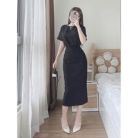 Set bộ thời trang nữ mặc đi chơi chất cotton lạnh cổ tròn tay ngắn chân váy xẻ tà lưng thun dáng dài maxi