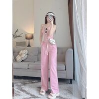 Set bộ thời trang nữ mặc đi chơi chất áo borip cổ vuông không tay quần kaki ống rộng lưng thun dáng đai maxi tôn dáng
