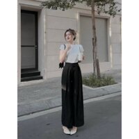 *Set bộ thời trang nữ mặc đi chơi chất tăm gân cổ tròn tay ngắn quần cotton lạnh ống rộng có dây đai eo dáng maxi