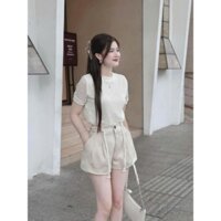 Set bộ thời trang nữ mặc đi chơi chất áo ren 2 lớp cổ tròn tay ngắn có lót quần kaki ngắn dáng mini siêu xinh