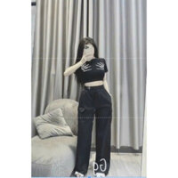 *Sét bộ thời trang nữ mặc đi chơi chất liệu tăm gân áo cổ tròn tay ngắn quần dây chun túi hộp ống suông