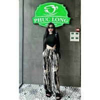 *Set bộ thời trang nữ mặc đi chơi chất áo tăm lạnh cổ tròn tay dài lai chéo crotop quần lụa ống rộng lưng thun dáng maxi