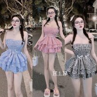 Set bộ thời trang nữ mặc đi chơi đi dạo chất đũi caro áo cúp ngực áo xòe mix quần giả váy mẫu mã xinh xắn