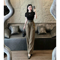 Sét bộ thời trang nữ mặc đi chơi áo chất thun tăm gân ôm găn logo ĐEN mix quần tuyết mưa kèm đai ống suông.