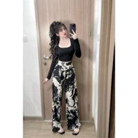 Set bộ thời trang nữ mặc đi chơi chất áo borip cổ vuông tay dài quần lụa ống rộng dáng dài maxi tôn dáng