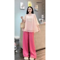 *Set bộ thời trang nữ mặc đi chơi chất tơ 2 lớp cổ tròn đính nút bọc tay lửng quần lụa ống rộng bo thun dáng maxi