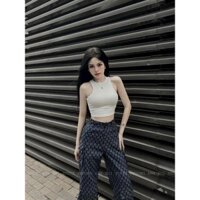 Set bộ thời trang nữ mặc đi chơi chất áo tăm lạnh cổ tròn 3 lỗ không tay quần kaki in 3D ống rộng dài maxi siêu xinh