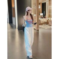 Set bộ thời trang nữ năng động đi chơi chất áo thun tăm quần kaki áo hai dây ôm body, quần dài ống rộng lưng thun