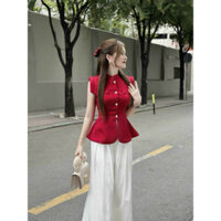 Set bộ thời trang nữ sang chảnh đi chơi chất áo lenin cổ gài nút không tay kèm quần lụa ống rộng dài maxi
