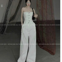 Set bộ thời trang nữ sang chảnh đi chơi chất for cúp ngực đính nút trước quần lưng thun 2 túi ống đứng dài maxi