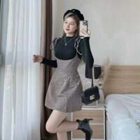 Set bộ thời trang nữ sang chảnh đi chơi  chất bori áo cổ lọ tay dài phối chân váy yếm dáng váy chữ A dài mini