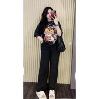 Sét bộ thời trang nữ, sét bộ thun tăm loang áo porm rộng mix quần suông ống rộng, họa tiết GẤU PUU phong cách năng động
