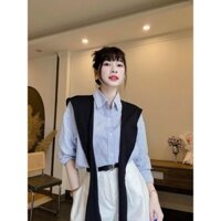 Sét bộ thời trang nữ, sét sơ mi kẻ sọc xanh phối choàng cổ mix quần short đùi kaki trắng kèm nịt phong cách cá tính