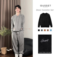 Set Bộ Thu Đông Dài Tay Nam GUSSET NI04 Oversize Thêu Chữ Basic, Bộ Nỉ Nam Vải Da Lộn Mềm Mịn
