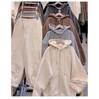 Set Bộ Thu Đông Quần Joker Trơn + Mix Áo Khoác Nỉ Trơn Khoá Kéo Mũ 2 Lớp Form Rộng Unisex