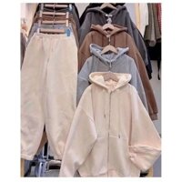 Sét Bộ Thu Đông Quần Joker Trơn + Mix Áo Khoác Nỉ Trơn Khóa Kéo Mũ 2 Lớp Form Rộng Unisex