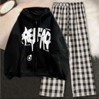 Sét Bộ Thu Đông Quần Ống Rộng Kẻ Họa Tiết CARO đen + Mix Áo Khoác Nỉ NGÔI SAO Form Rộng