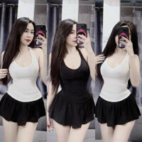 Set Bộ Thun Dẻo Uni Áo Ba Lỗ V Khoét Sau Croptop Sẵn Mút + Chân Váy Xoè Có Lót Quần