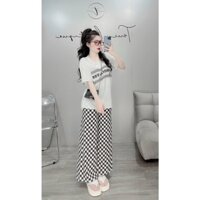 sét bộ thun diro quần sọc caro phối áo cổ tròn ngắn tay