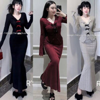 Set Bộ Thun Đũa Đôi Áo Thun Cổ Bèo Tay Dài Loe Đính Hàng Nơ + Chân Váy Đuôi Cá Dáng Dài Lưng Chun