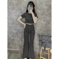 Set Bộ Thun Gân Sọc, Thời Trang Nữ Đi Chơi Cổ Tròn tay Ngắn Quần Dài Lưng Thun Thắt Nơ Ống Đứng Bass Maxi